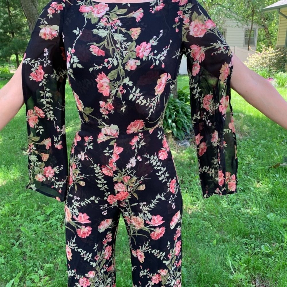 Reformation Black Floral Open Back Jumpsuit, Boatneck,Slit Sleeves,made in USA,0 - Picture 5 of 11
